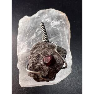 Vintage Sterling Silver Wrapped Rough Garnet in Schist Matrix Pendant